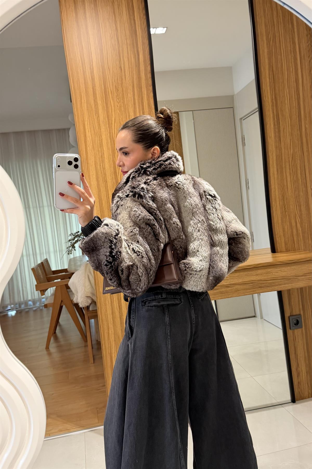 Lizzie Kahve Fermuarlı Crop Kürk 