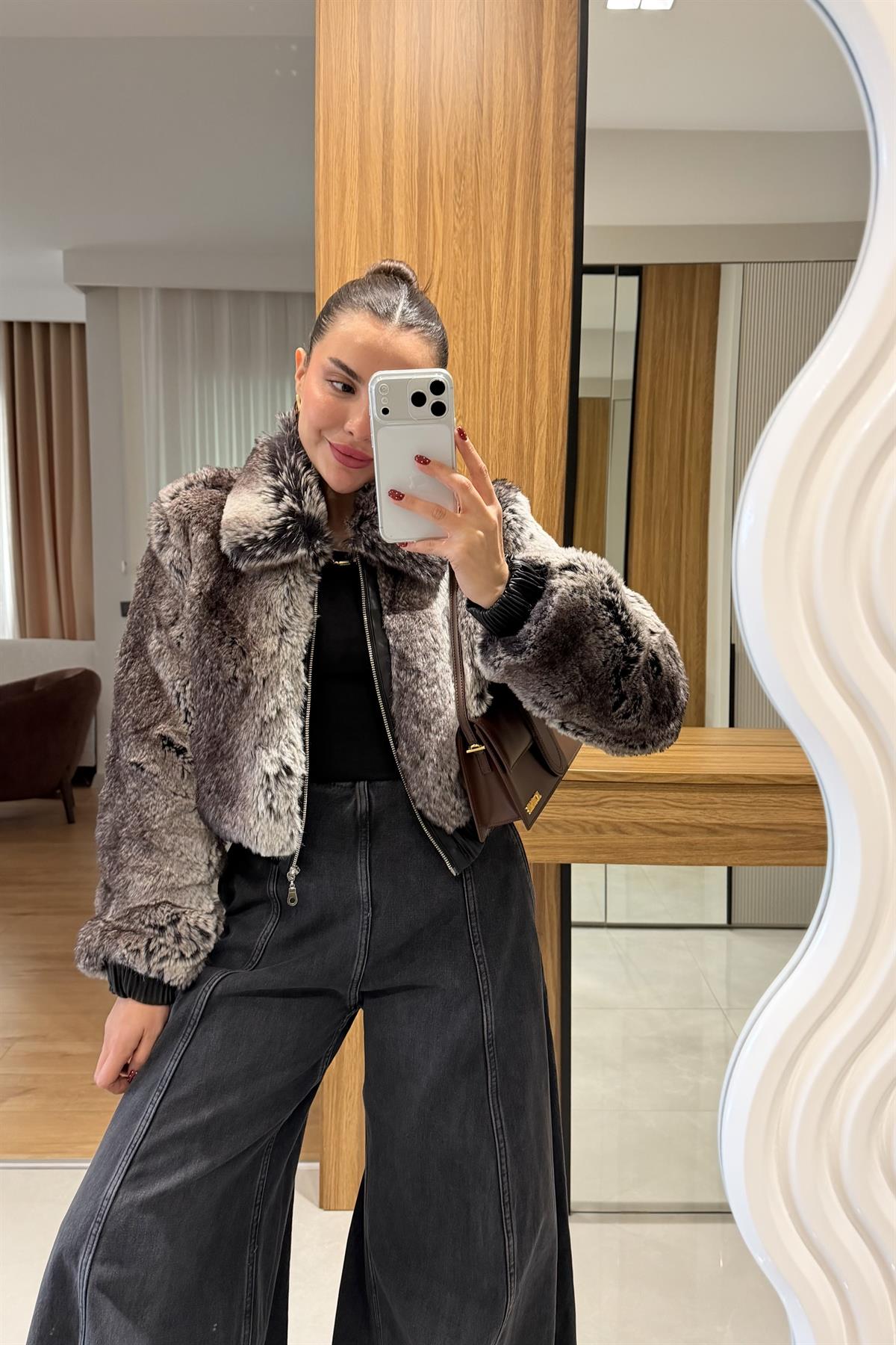 Lizzie Kahve Fermuarlı Crop Kürk 