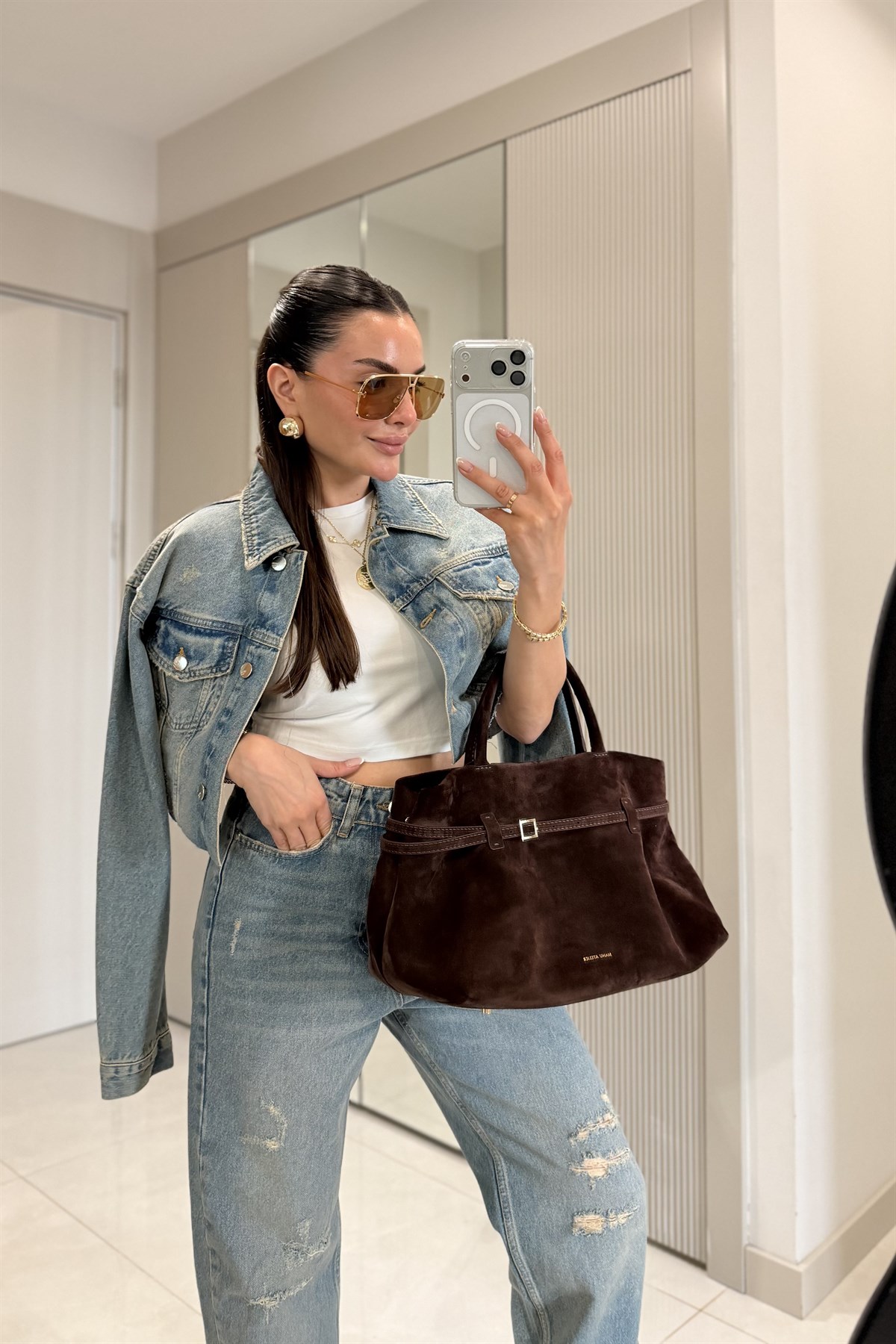 Loky Midblue Yırtık Detaylı Crop Ceket