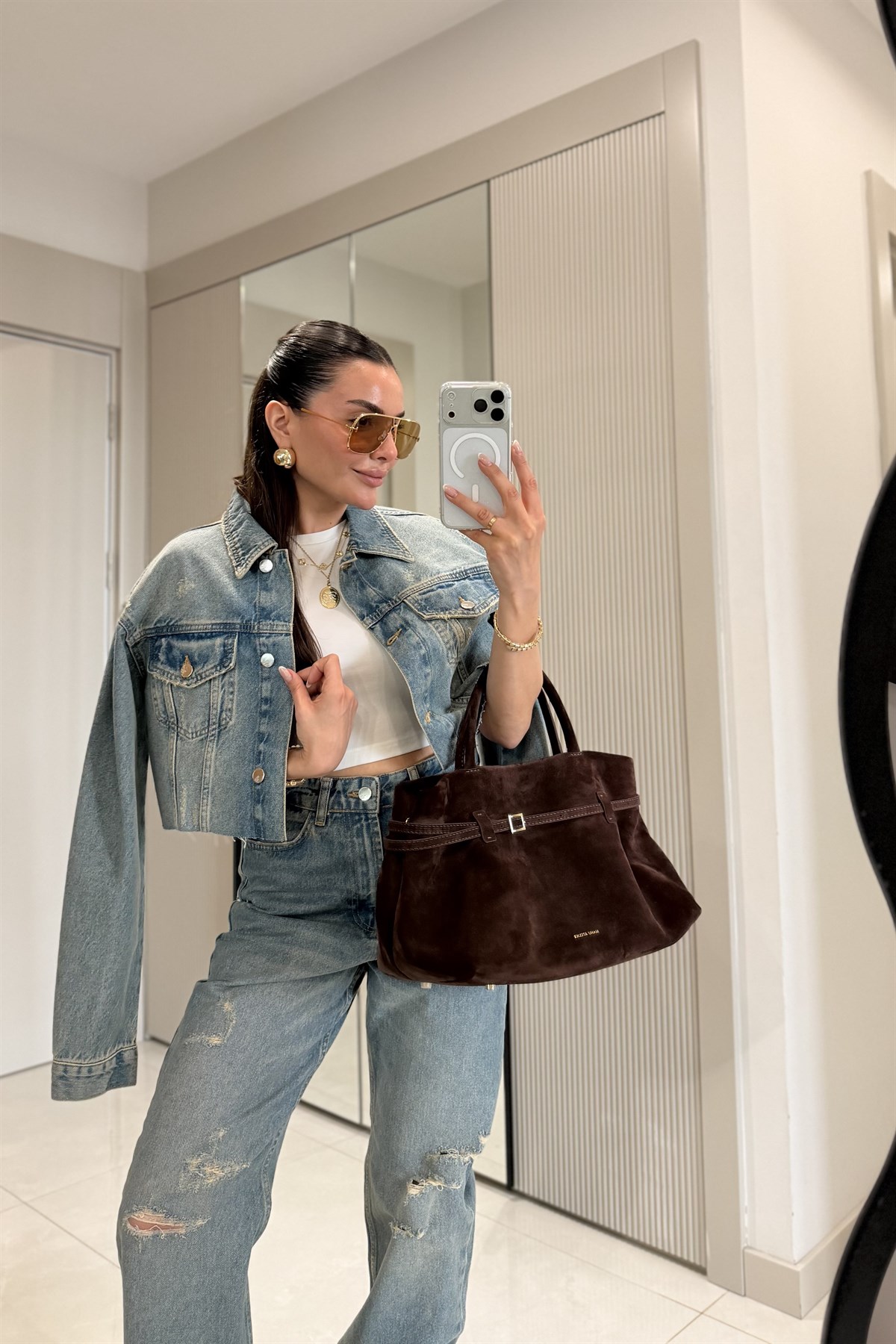 Loky Midblue Yırtık Detaylı Crop Ceket