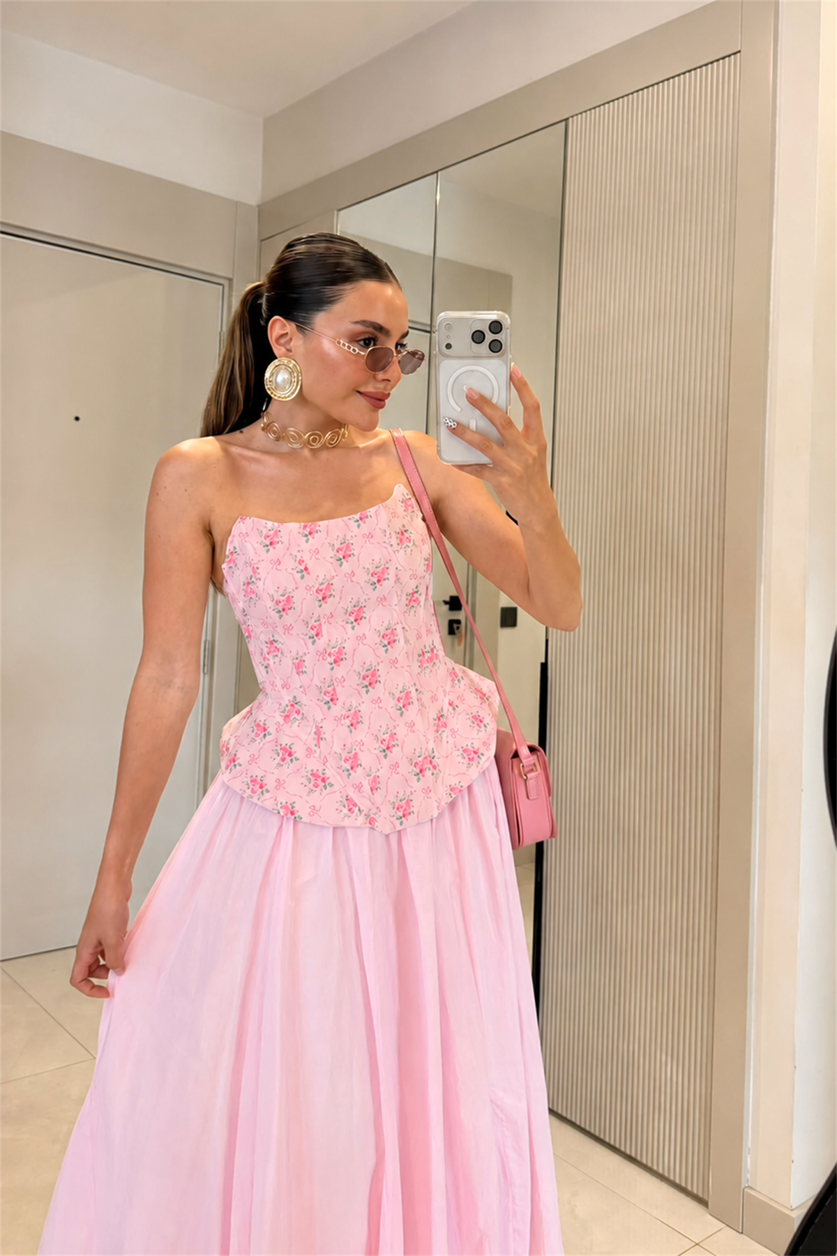 Loleta Toz Pembe Çiçekli Korse Büstiyer
