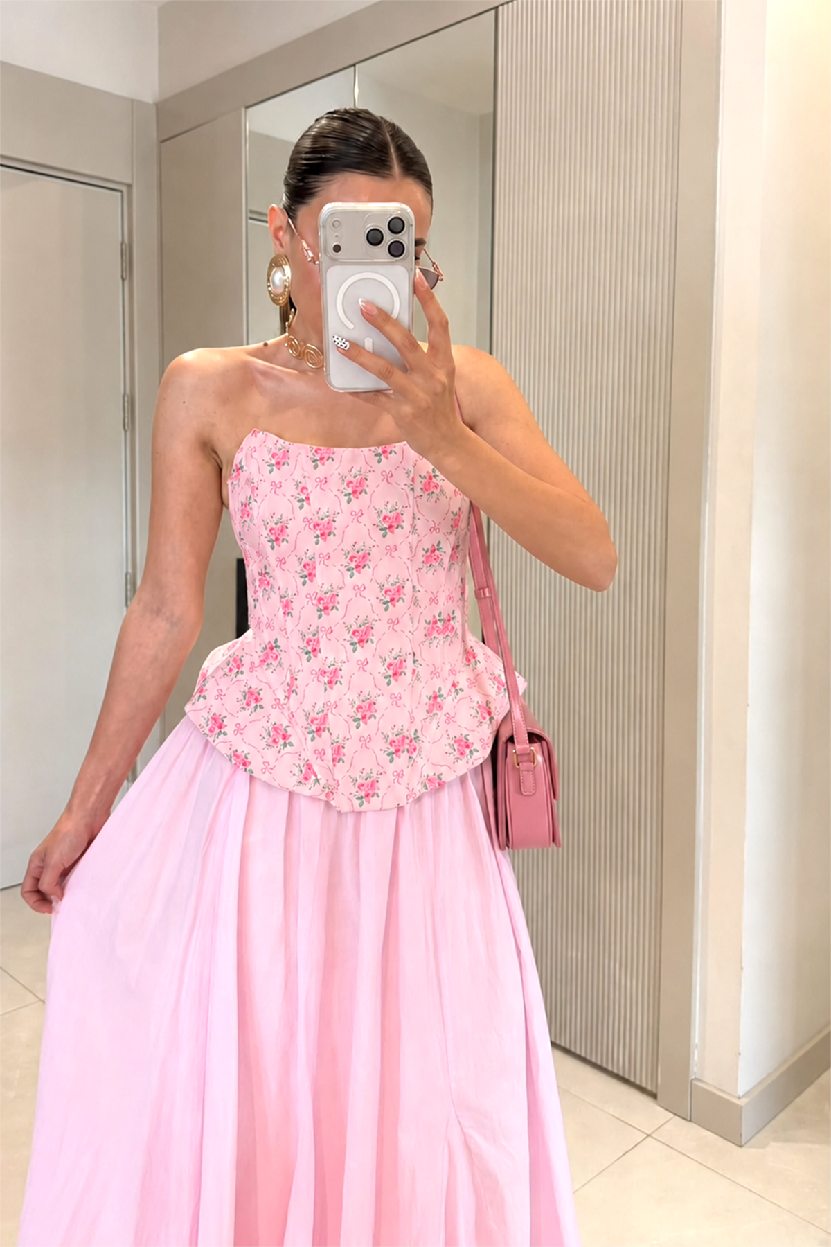 Loleta Toz Pembe Çiçekli Korse Büstiyer