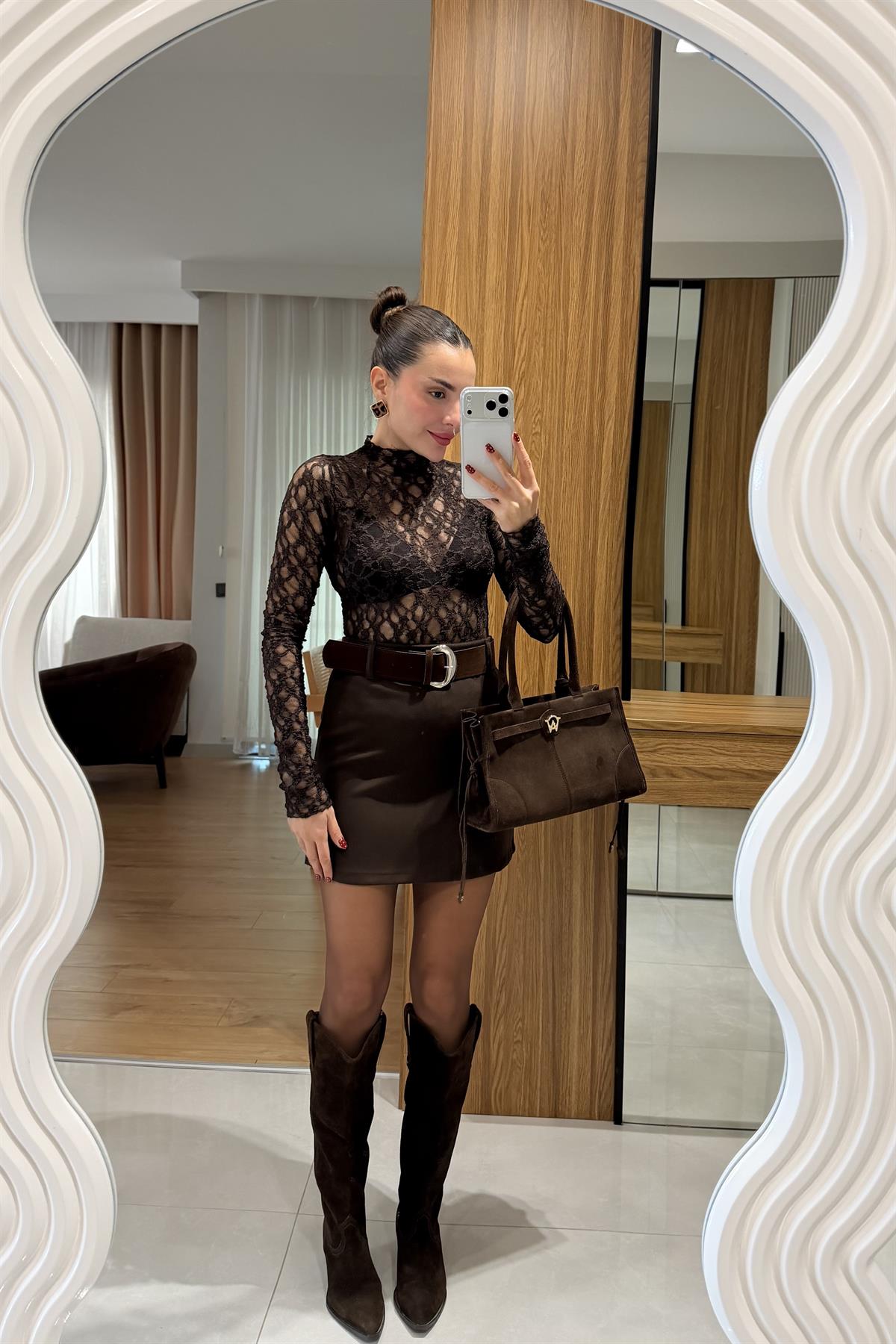 Loliete Kahve Kemerli Etek
