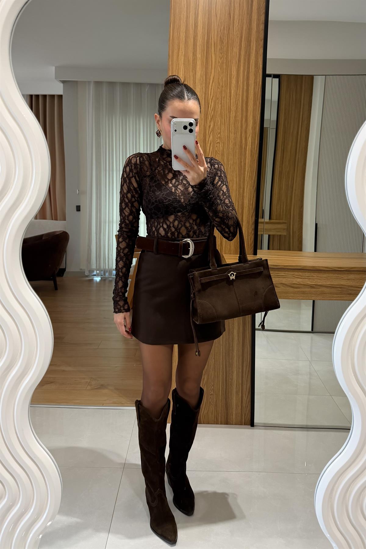 Loliete Kahve Kemerli Etek