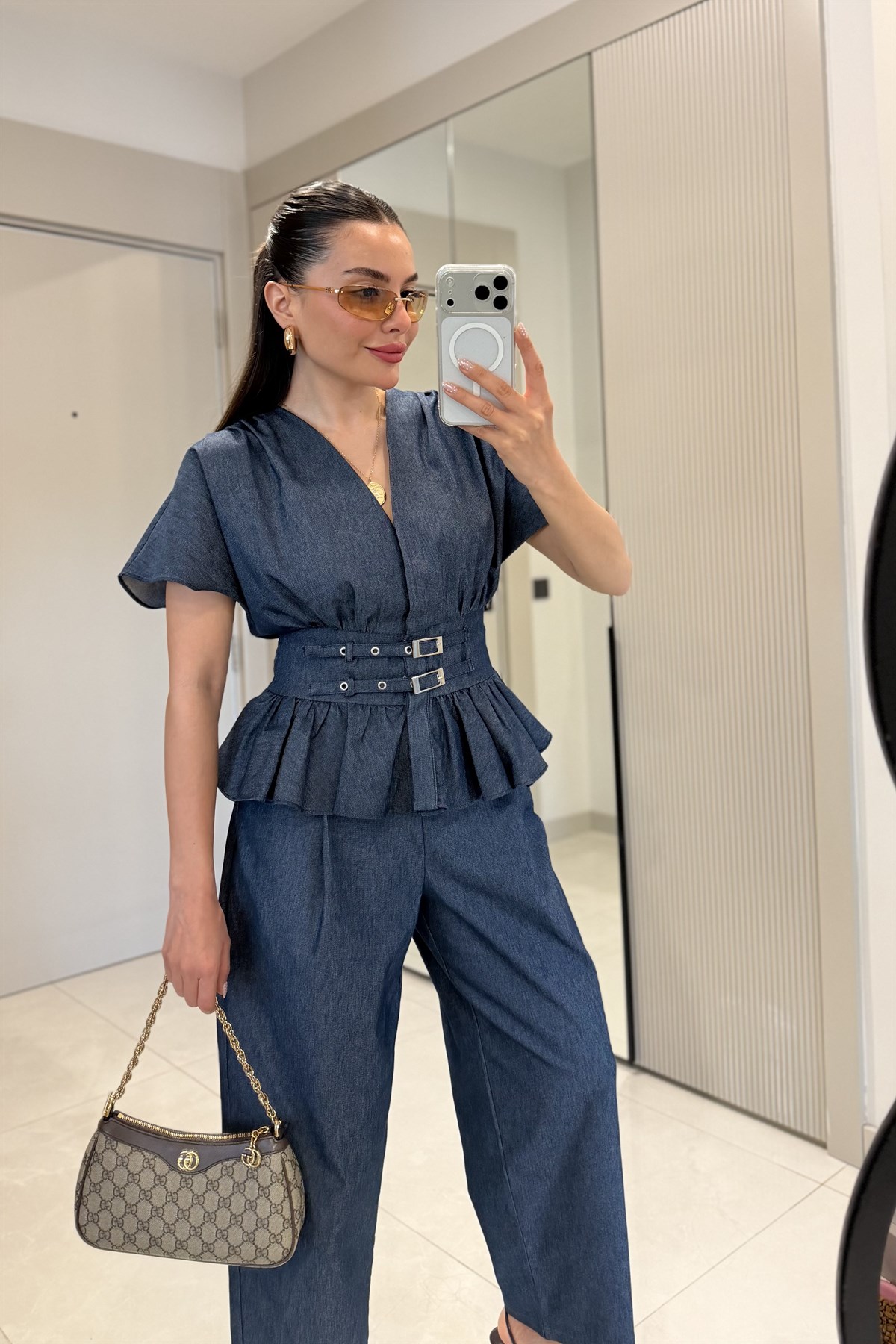 London Peplum Detaylı Denim Bluz