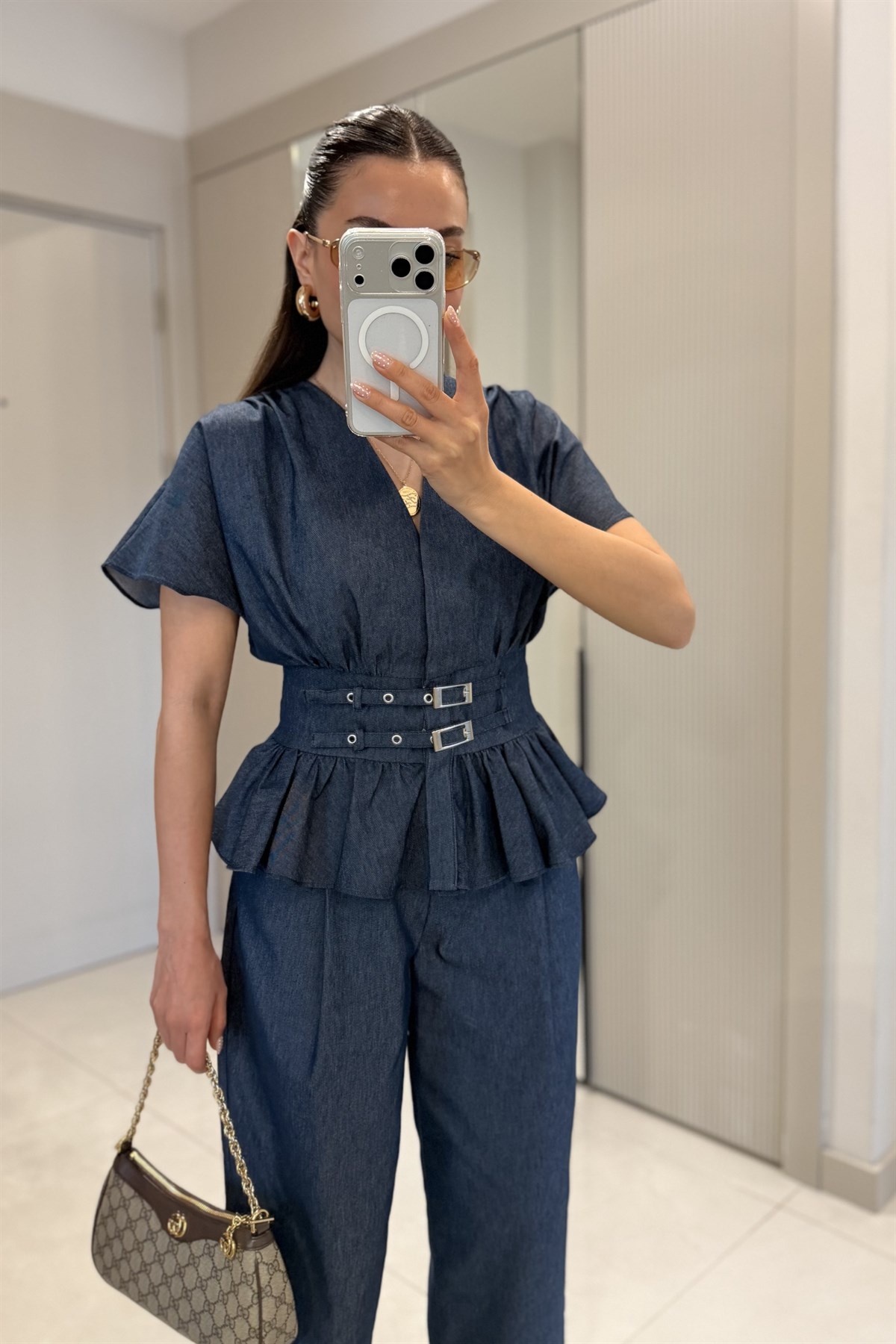 London Peplum Detaylı Denim Bluz