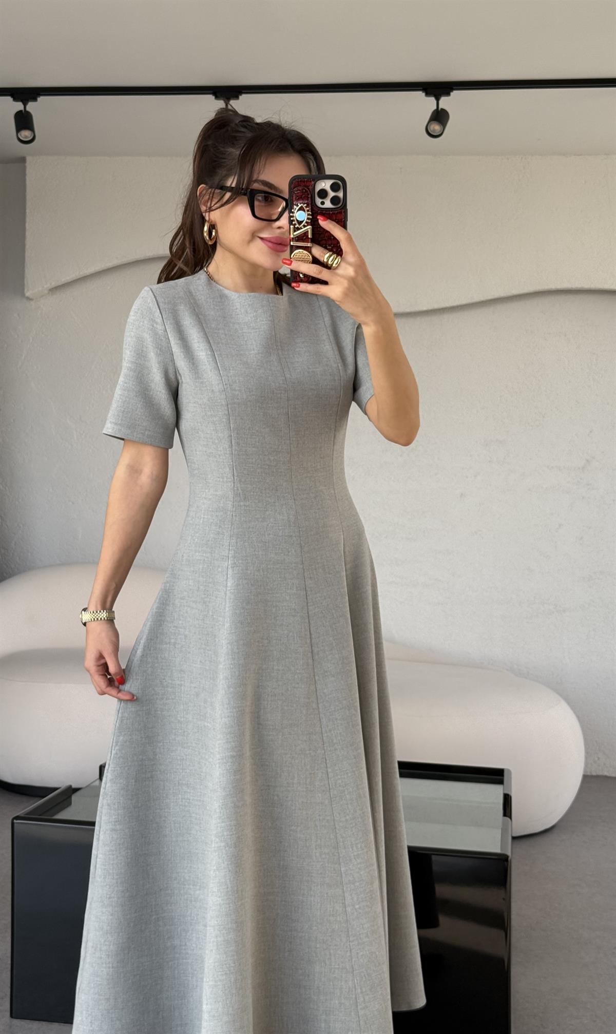 Long Gri Kısa Kollu Volanlı Elbise