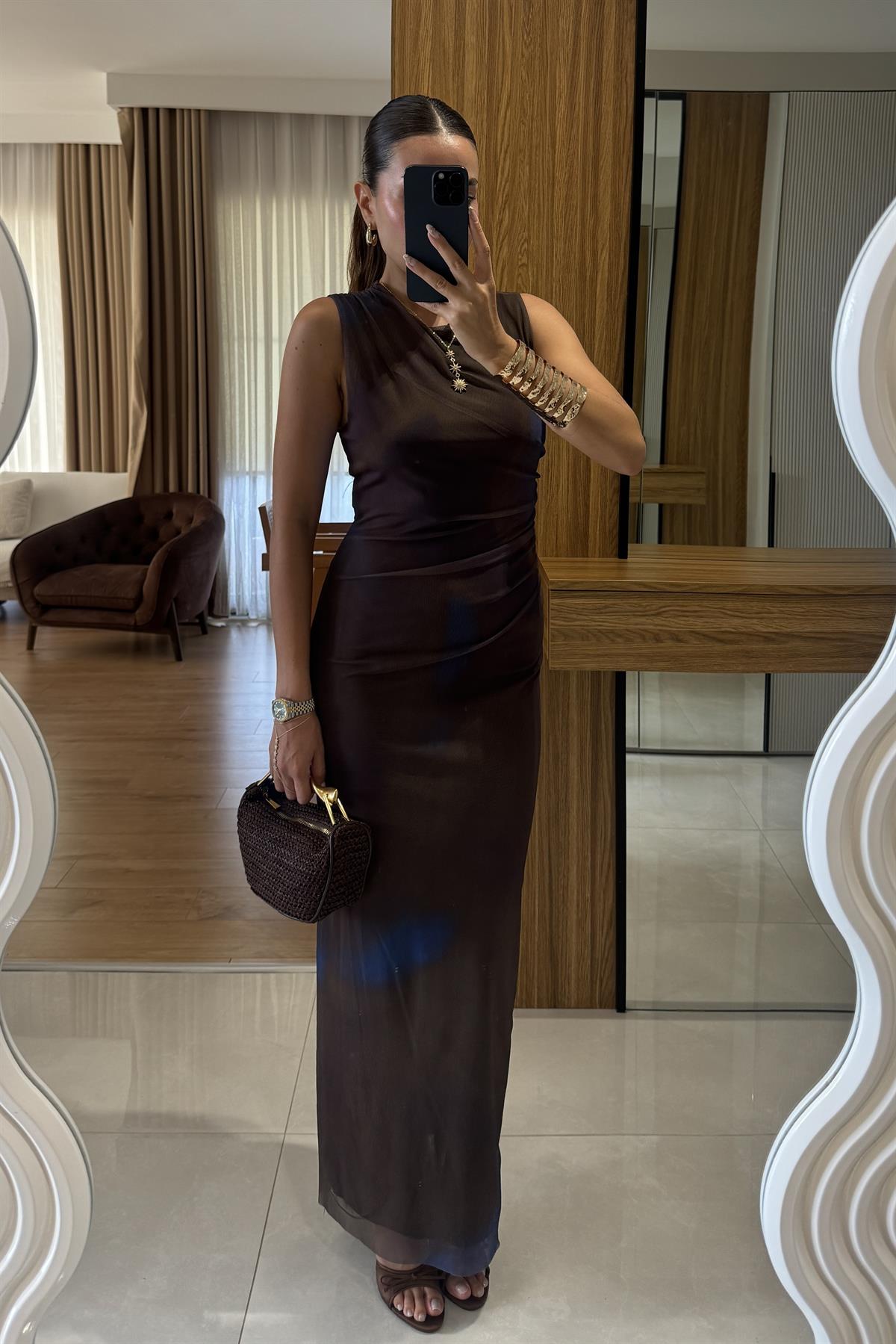 Lonya Kahverengi Tül Astarlı Elbise