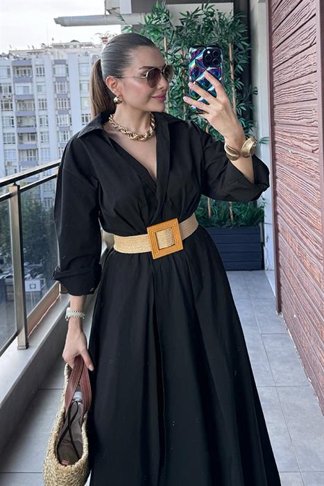 Lopes Premium Doku Yazlık Klas Elbise - Siyah