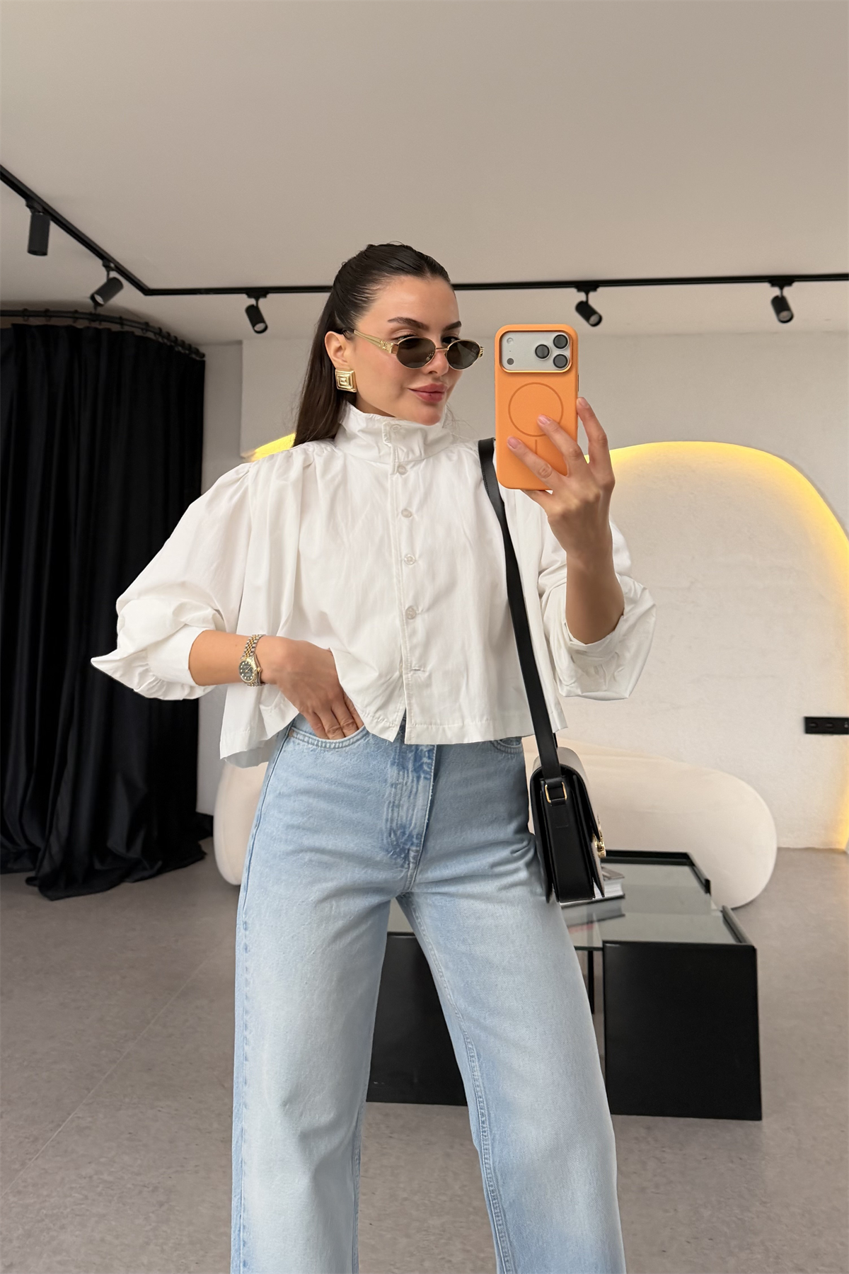 Lopsy Beyaz Hakim Yakalı Balon Kol Gömlek