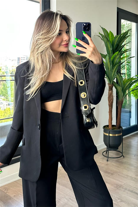 Lora siyah blazer ceketli ikili takım