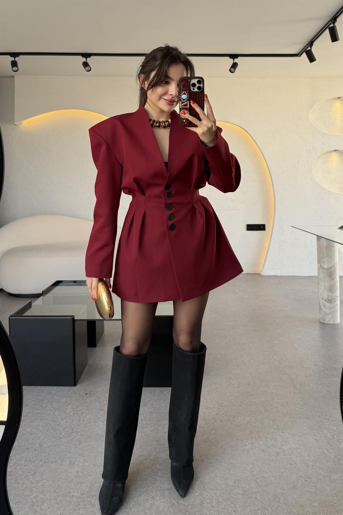 Lord Bordo Belden Oturtmalı Etekli Takım 