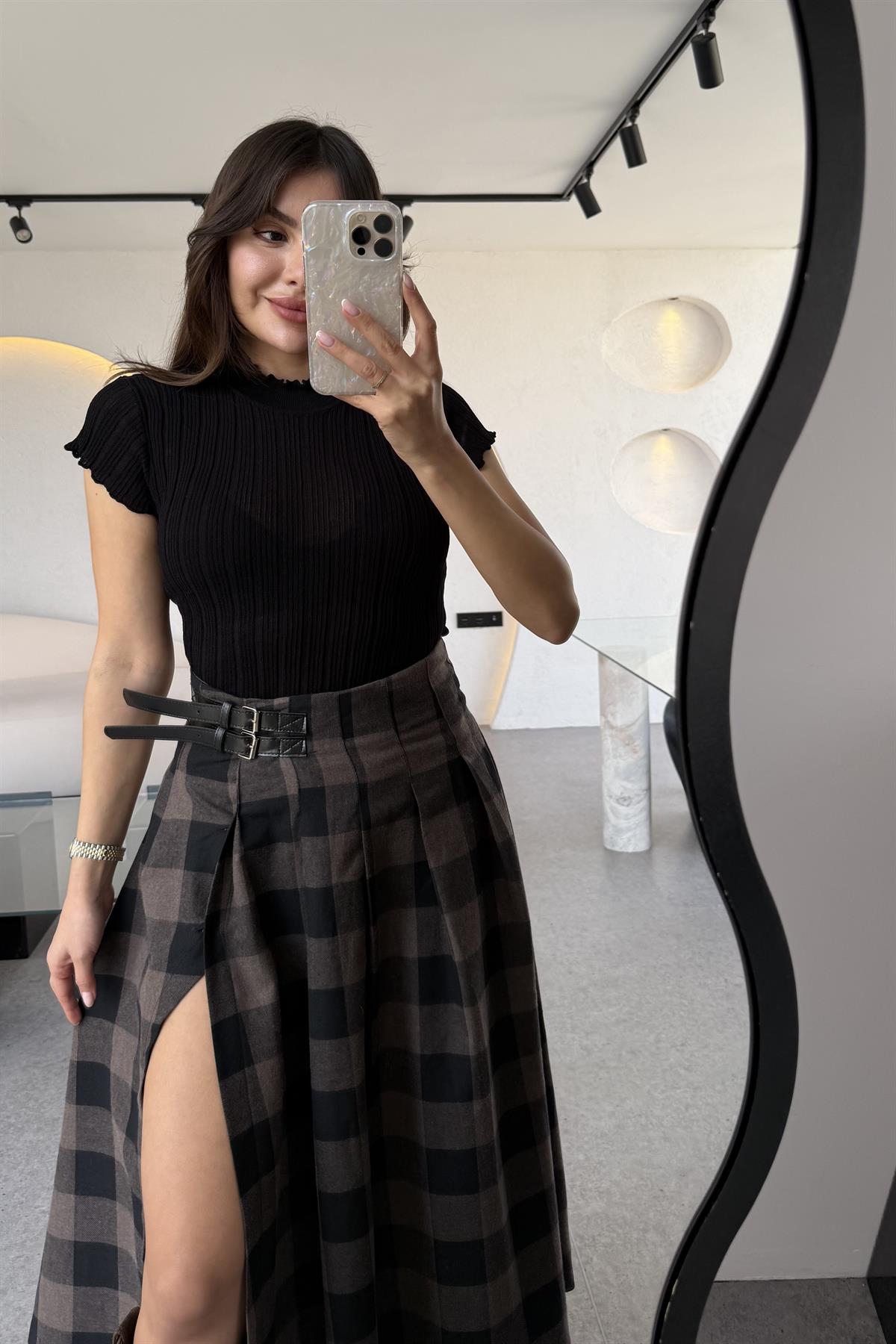 Lorena Dik Yaka Fitilli Transparan Triko Bluz