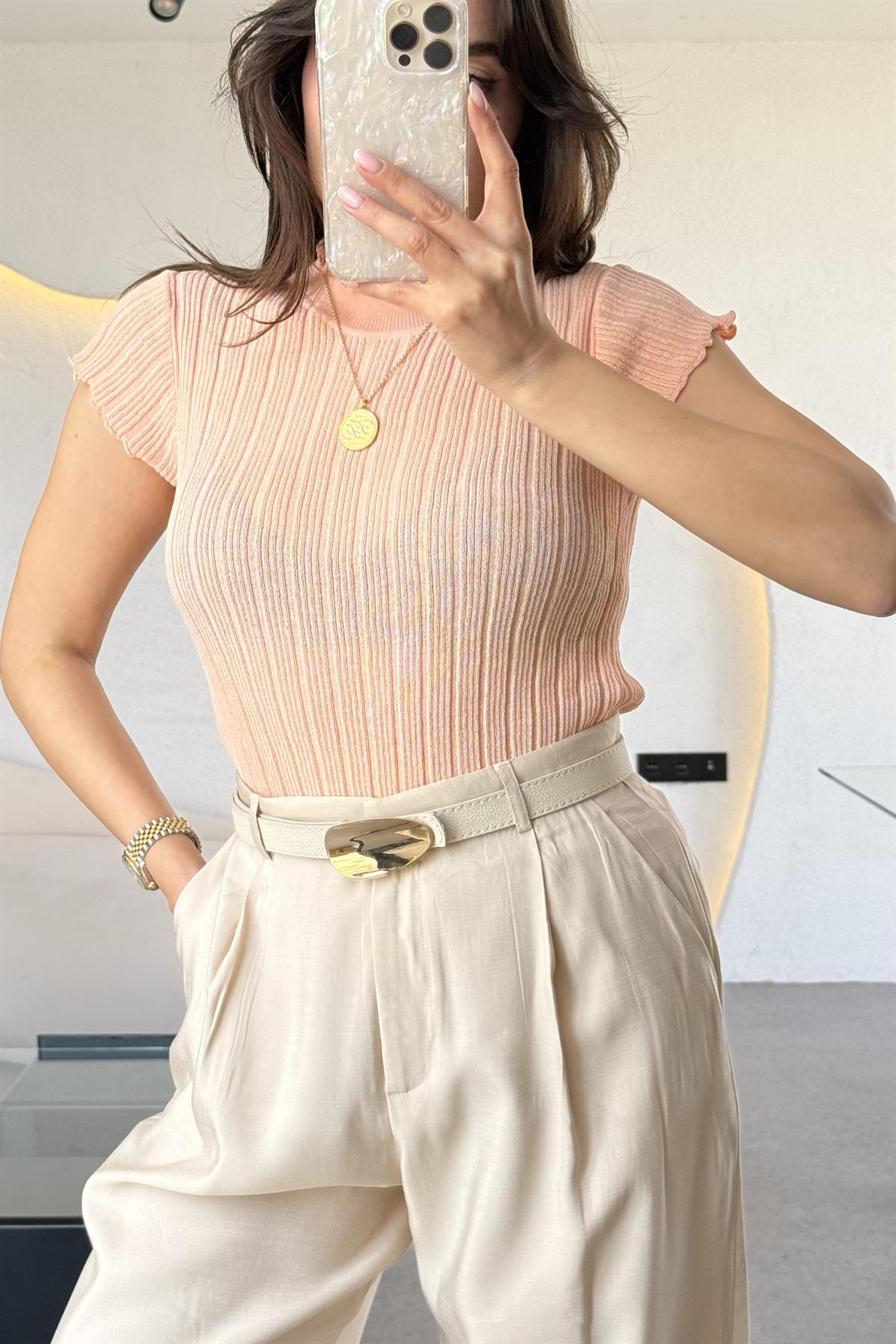 Lorena Kavuniçi Dik Yaka Fitilli Transparan Triko Bluz