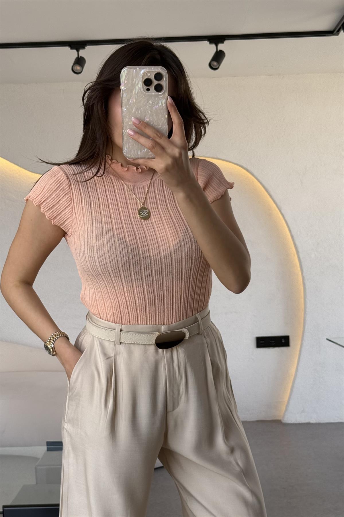 Lorena Kavuniçi Dik Yaka Fitilli Transparan Triko Bluz