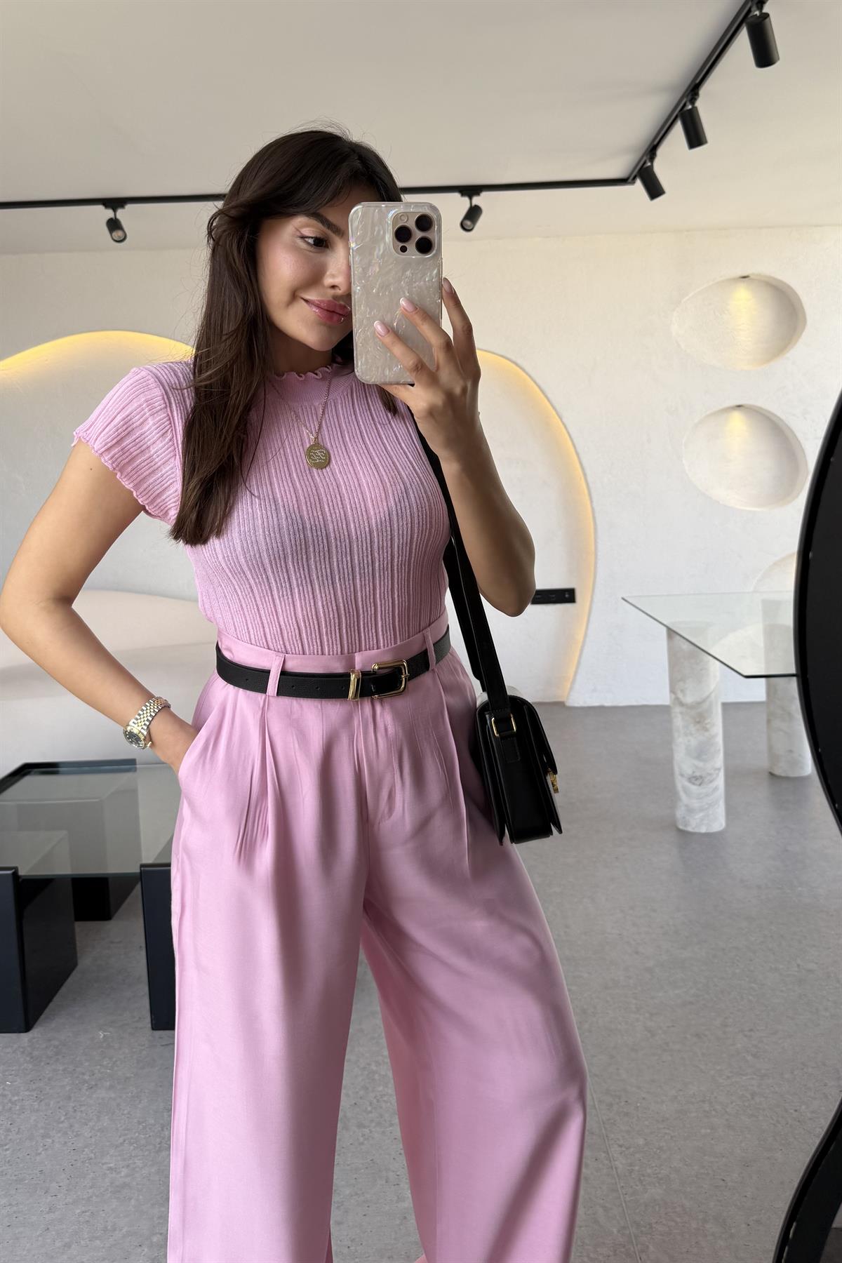 Lorena Pembe Dik Yaka Fitilli Transparan Triko Bluz