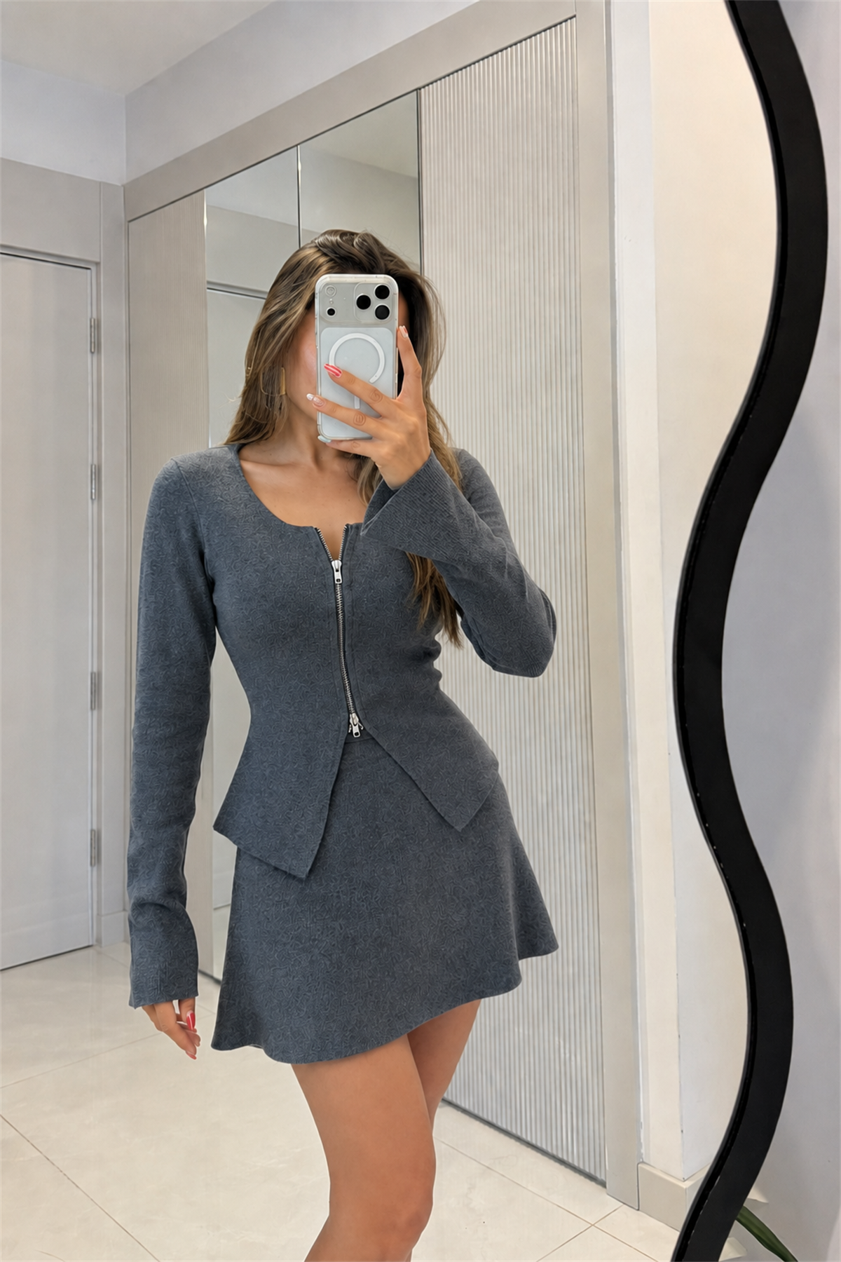 Lorenna Gri Fermuar Detaylı Triko Takım