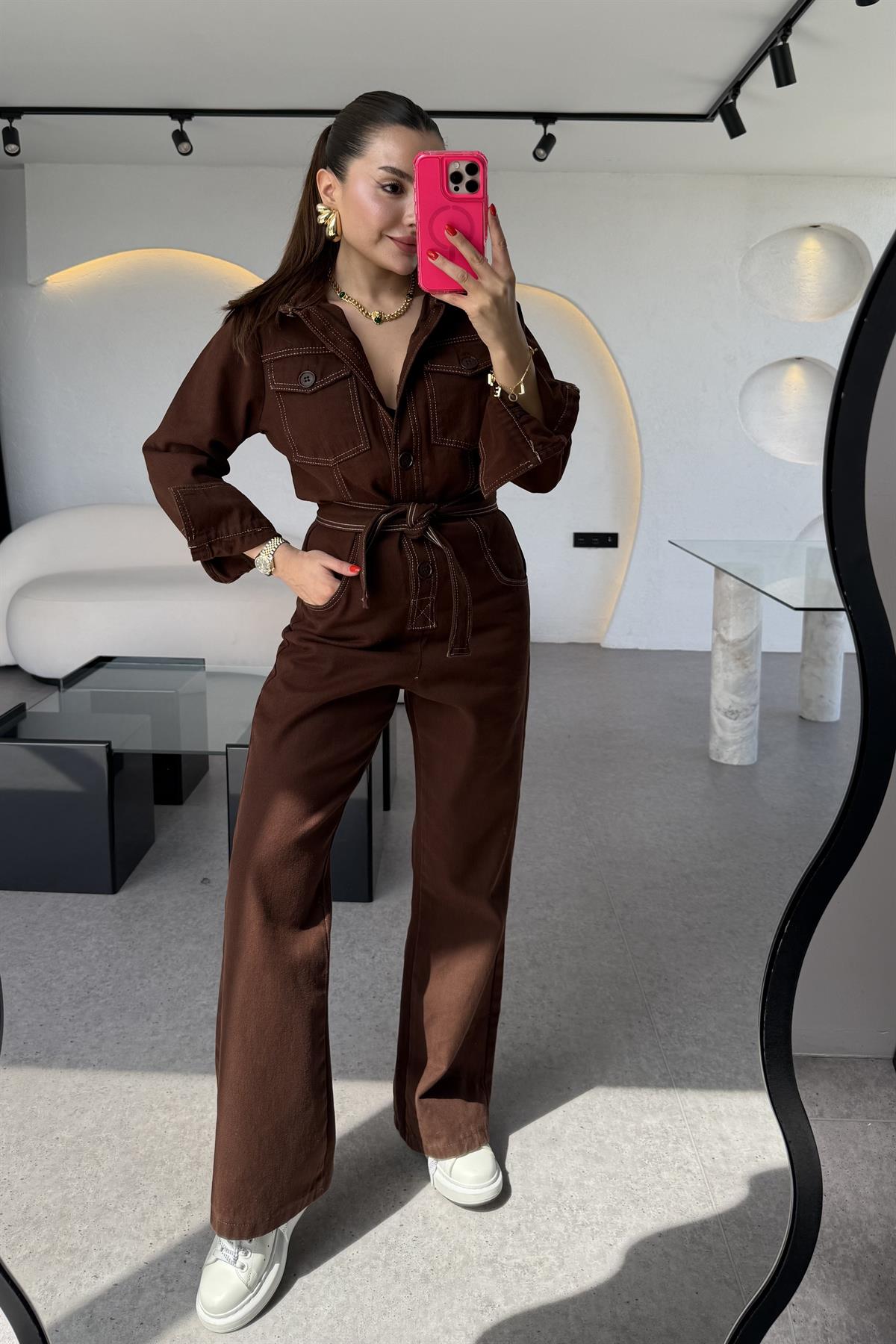 Lorexa Kahve Kuşaklı Kontrast Dikişli Tulum