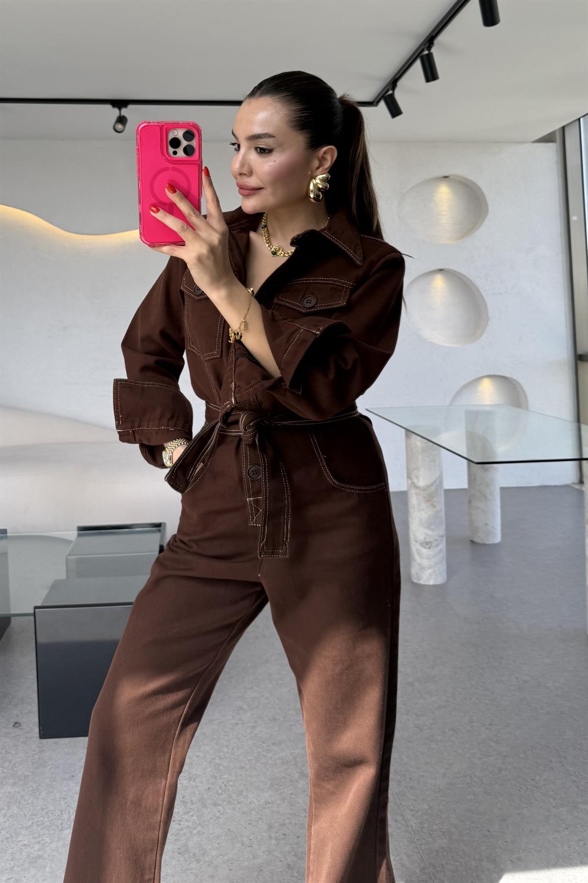 Lorexa Kahve Kuşaklı Kontrast Dikişli Tulum