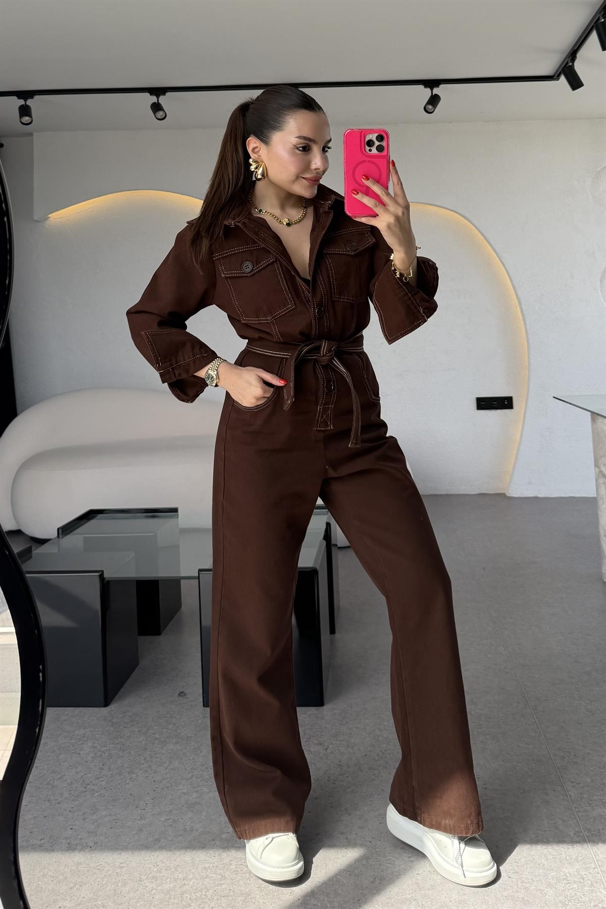 Lorexa Kahve Kuşaklı Kontrast Dikişli Tulum