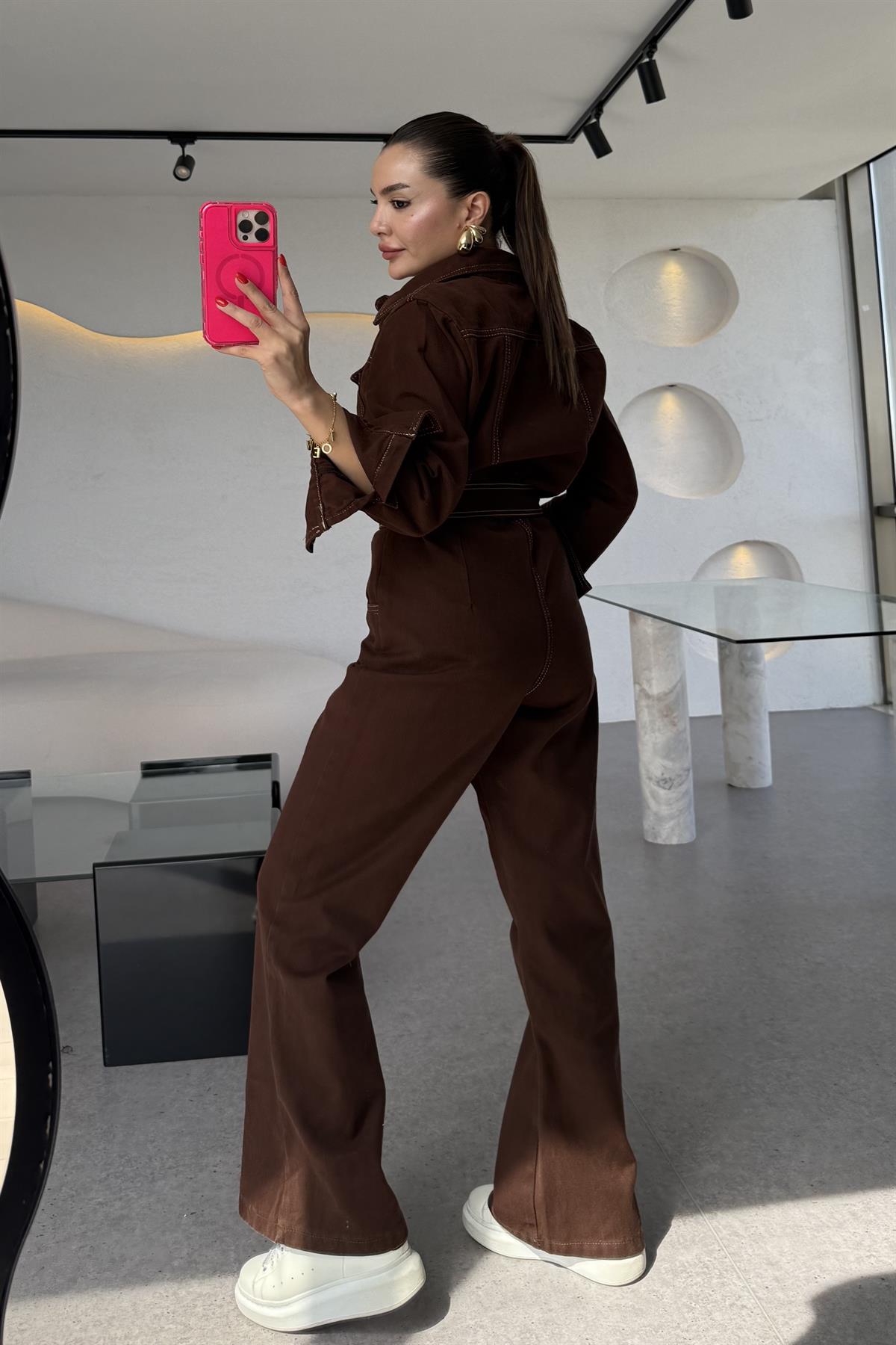 Lorexa Kahve Kuşaklı Kontrast Dikişli Tulum