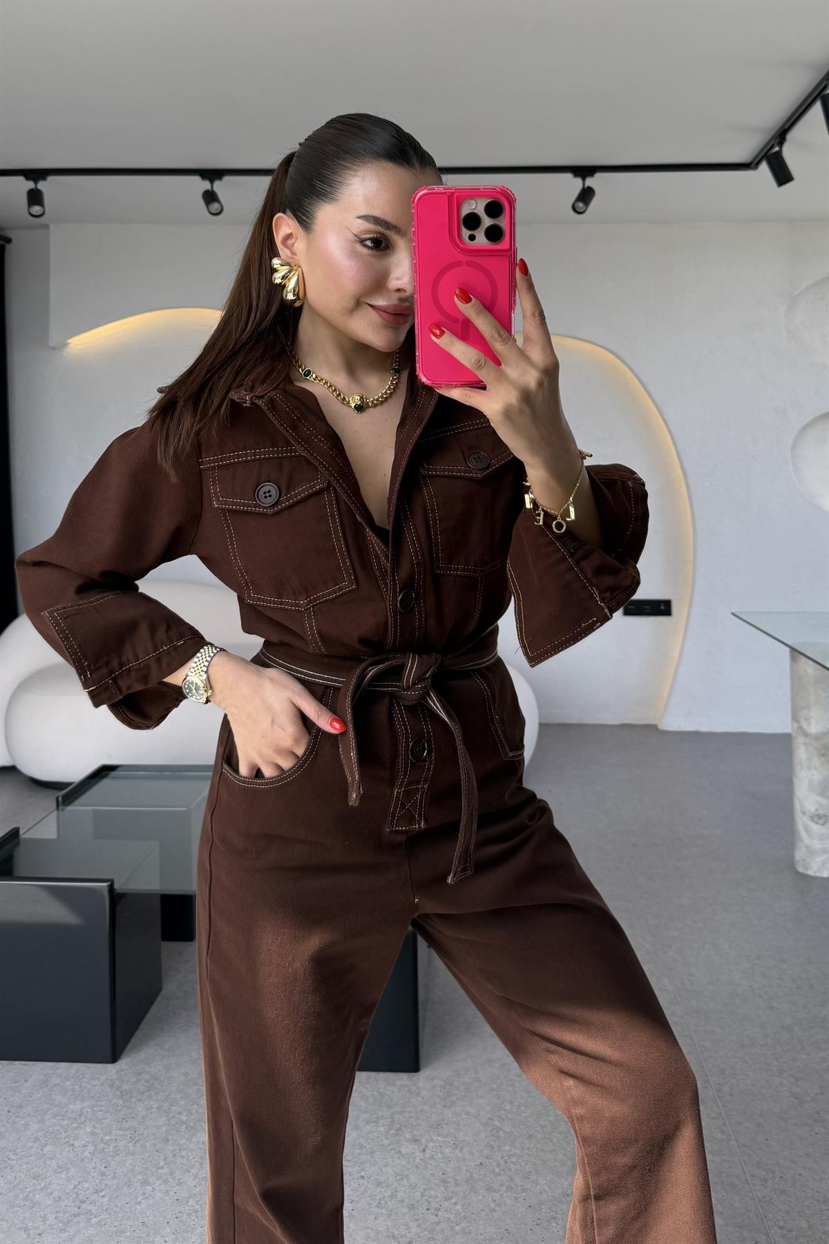 Lorexa Kahve Kuşaklı Kontrast Dikişli Tulum