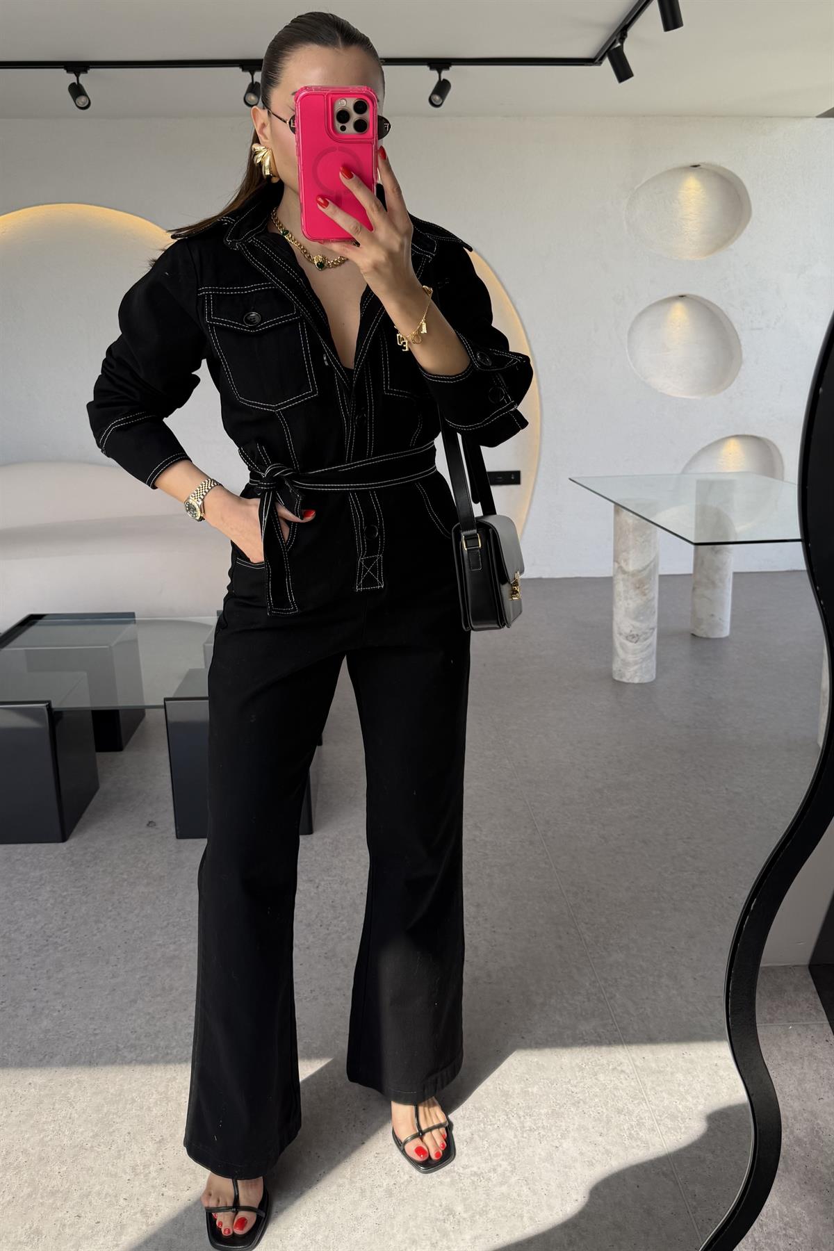 Lorexa Siyah Kuşaklı Kontrast Dikişli Tulum