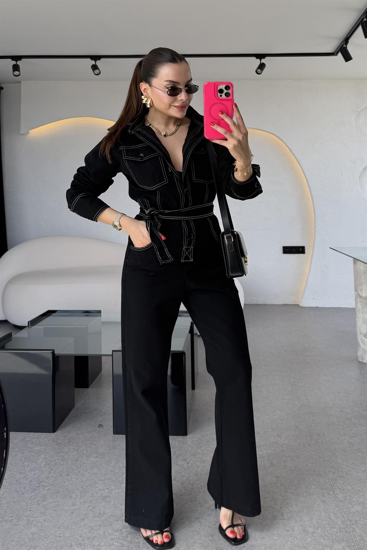 Lorexa Siyah Kuşaklı Kontrast Dikişli Tulum