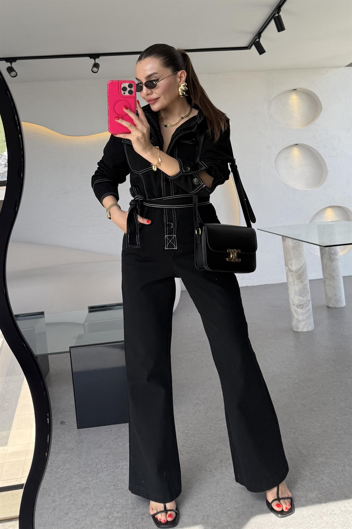 Lorexa Siyah Kuşaklı Kontrast Dikişli Tulum