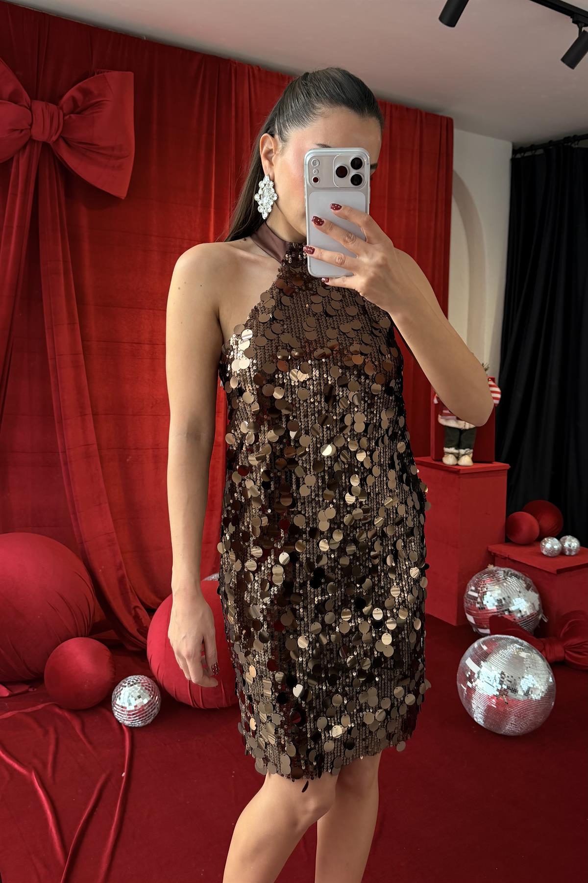 Lorina Kahve Pul Payet Mini Elbise
