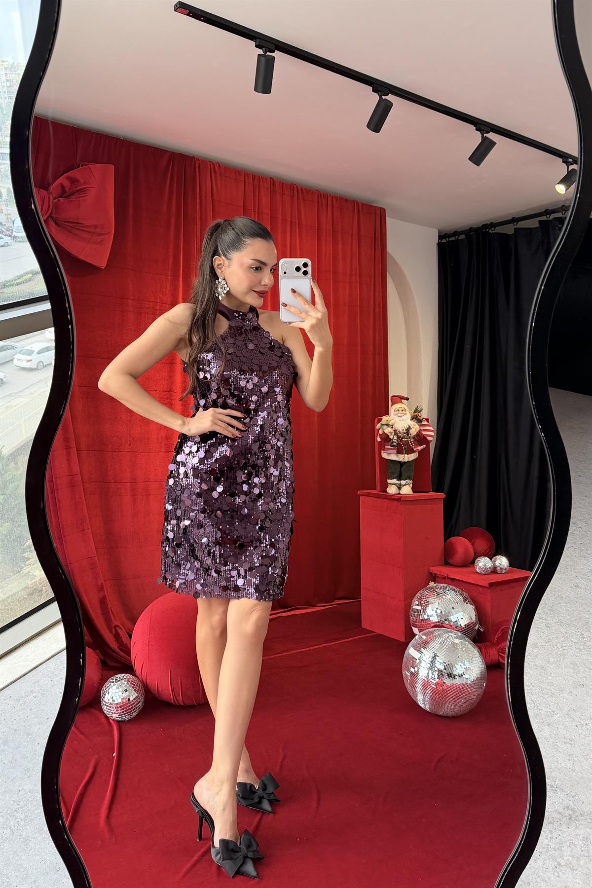 Lorina Mor Pul Payet Mini Elbise