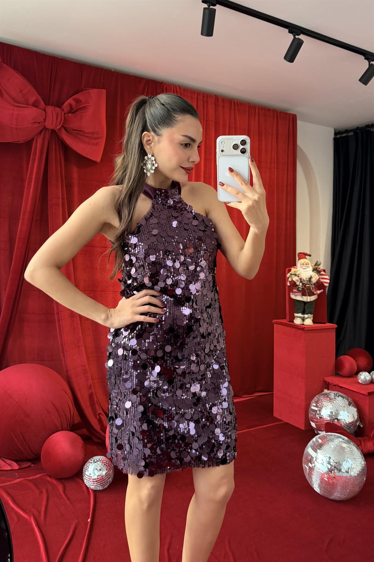 Lorina Mor Pul Payet Mini Elbise