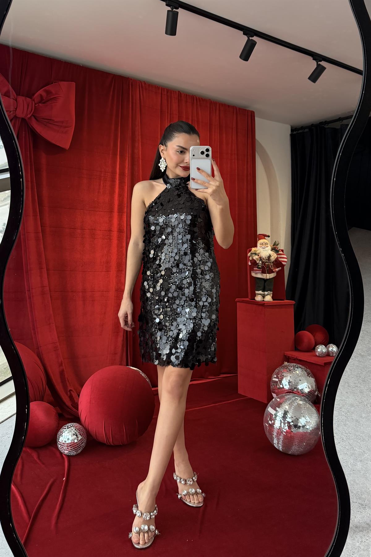 Lorina Siyah Pul Payet Mini Elbise