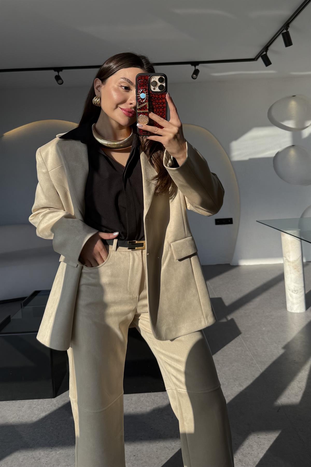 Losanda Krem Süet Blazer Ceket