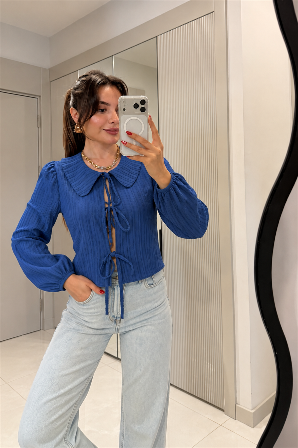 Lotte Lacivert Bağlamalı Gömlek