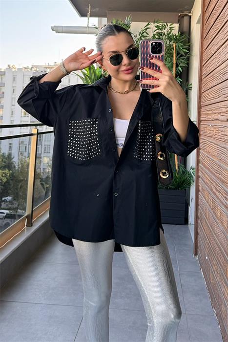 Lou Cebi Zımbalı Siyah Gömlek