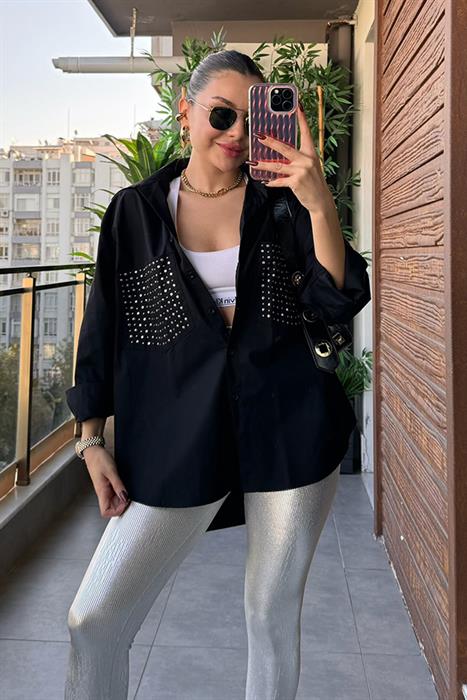 Lou Cebi Zımbalı Siyah Gömlek