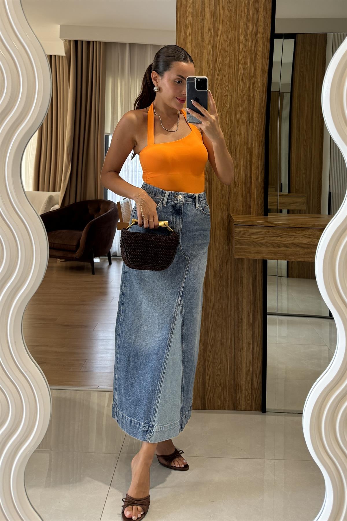 Loved Ön Dikiş Detaylı Denim Maxi Etek