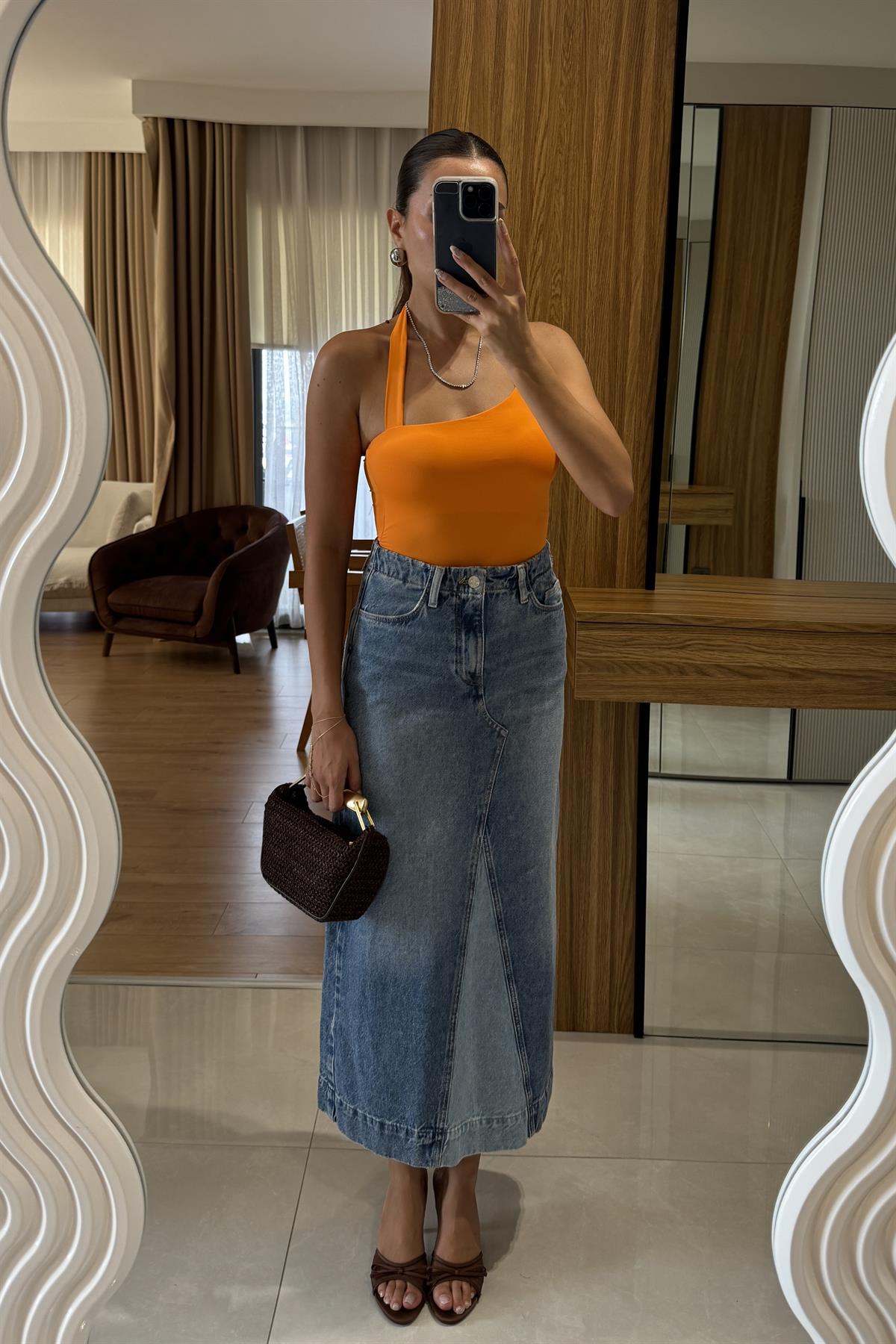 Loved Ön Dikiş Detaylı Denim Maxi Etek