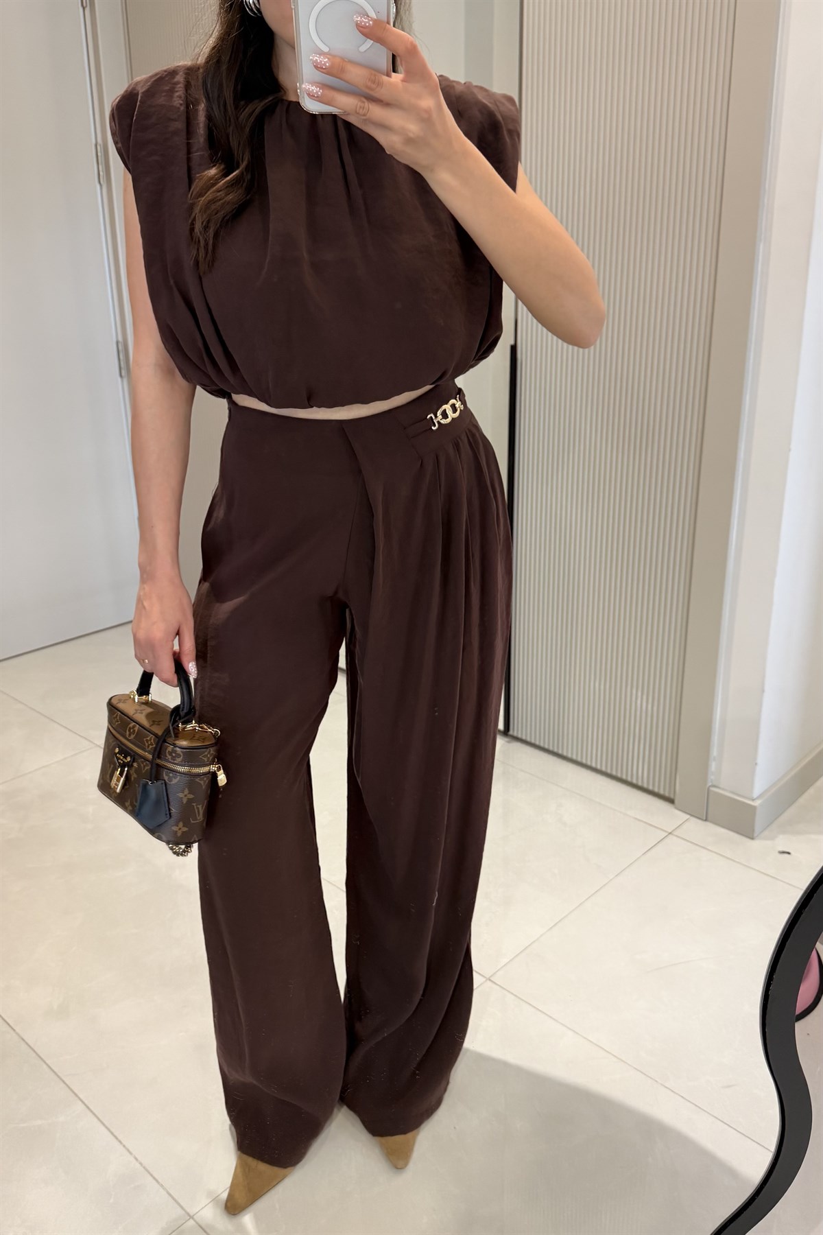 Lovej Kahve Crop Bluz Pantolon Takım