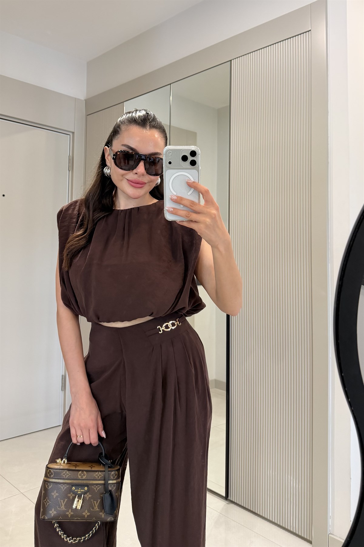 Lovej Kahve Crop Bluz Pantolon Takım