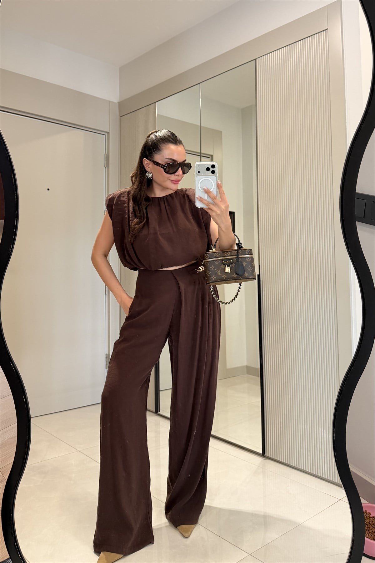 Lovej Kahve Crop Bluz Pantolon Takım