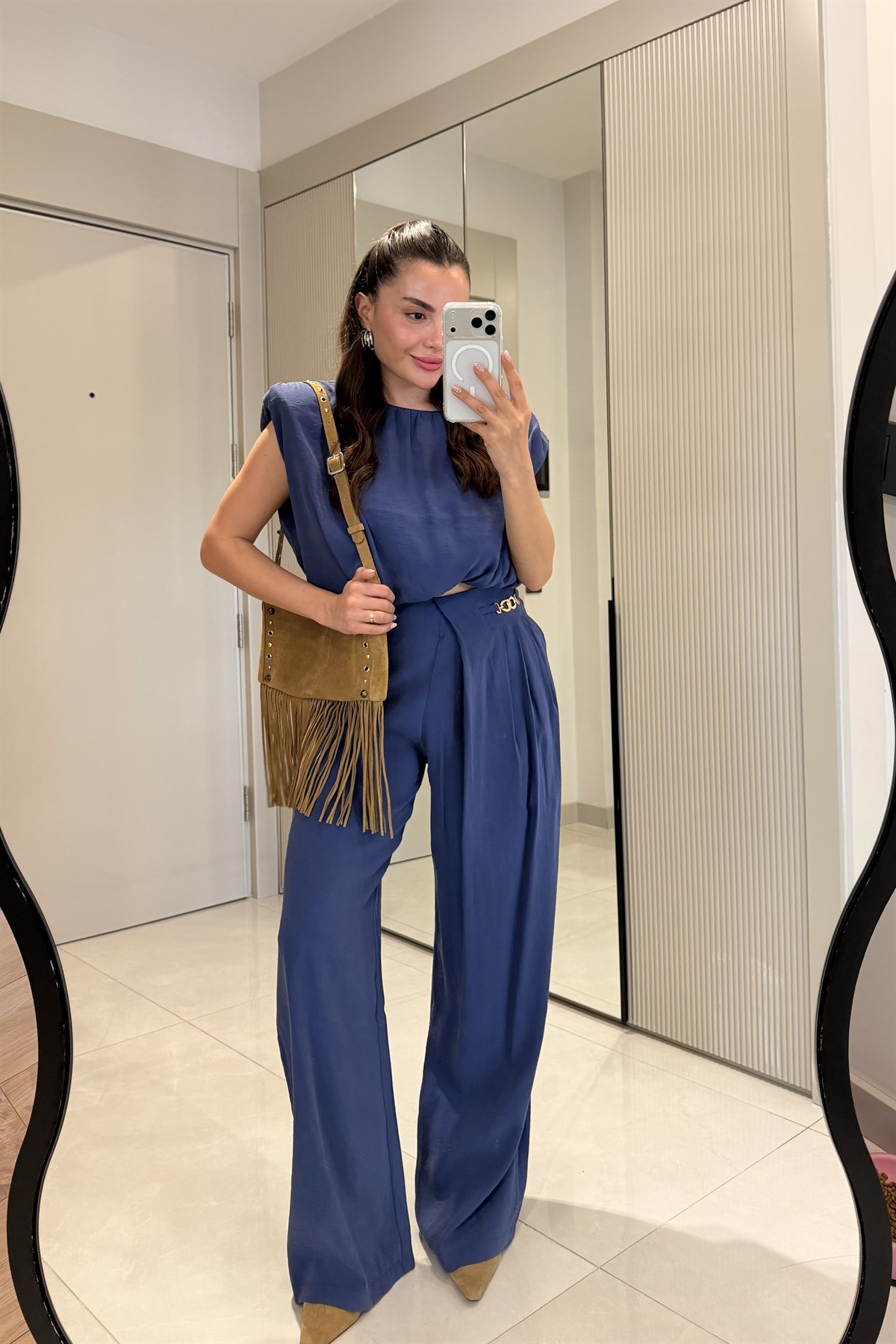 Lovej Lacivert Crop Bluz Pantolon Takım
