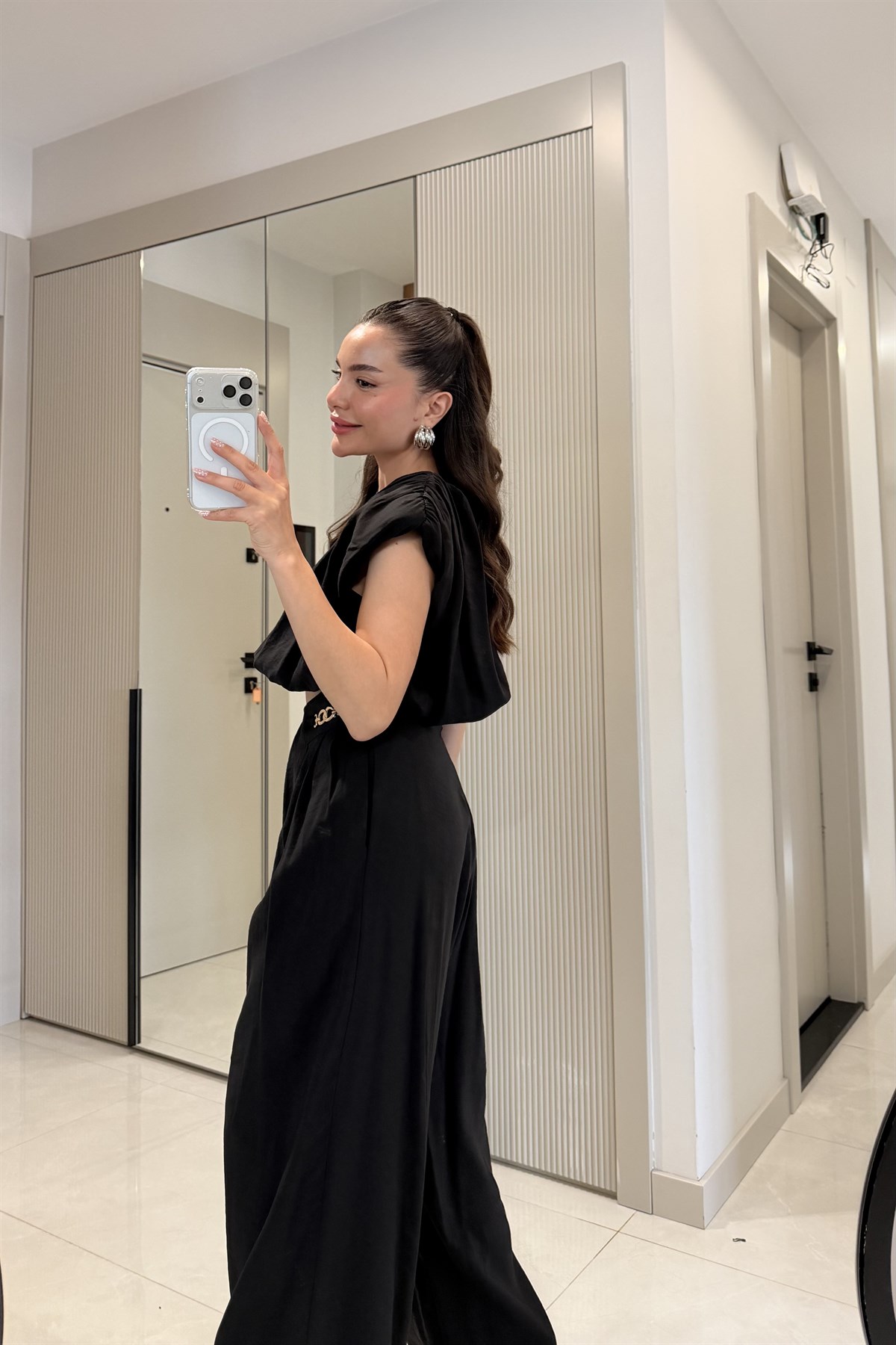 Lovej Siyah Crop Bluz Pantolon Takım