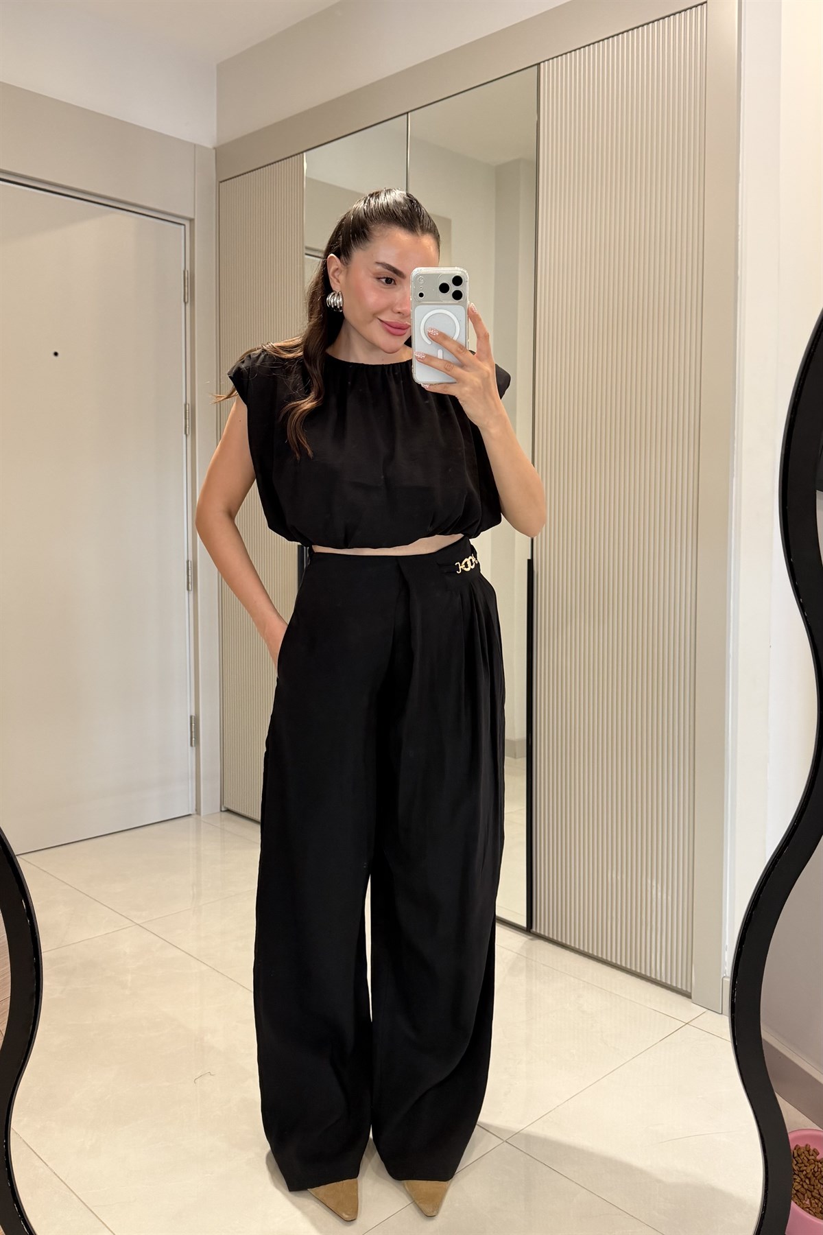 Lovej Siyah Crop Bluz Pantolon Takım