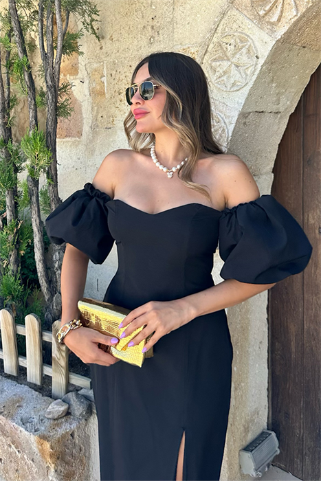 Lovely sırt dekolteli midi elbise - Siyah