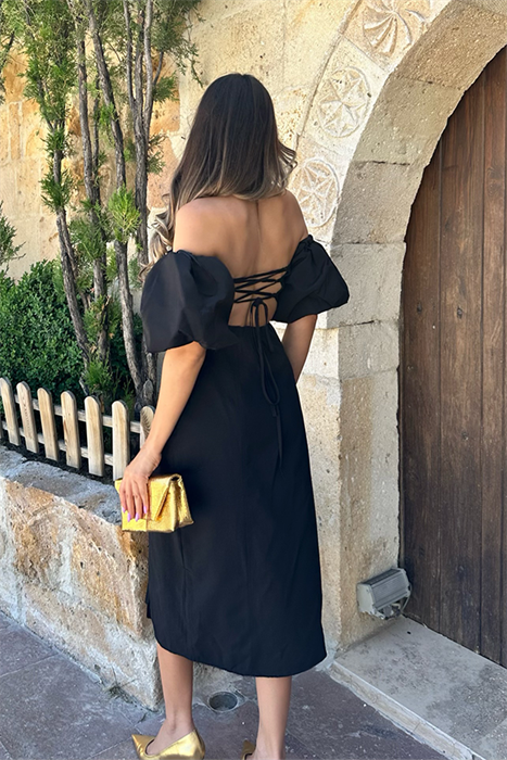 Lovely sırt dekolteli midi elbise - Siyah