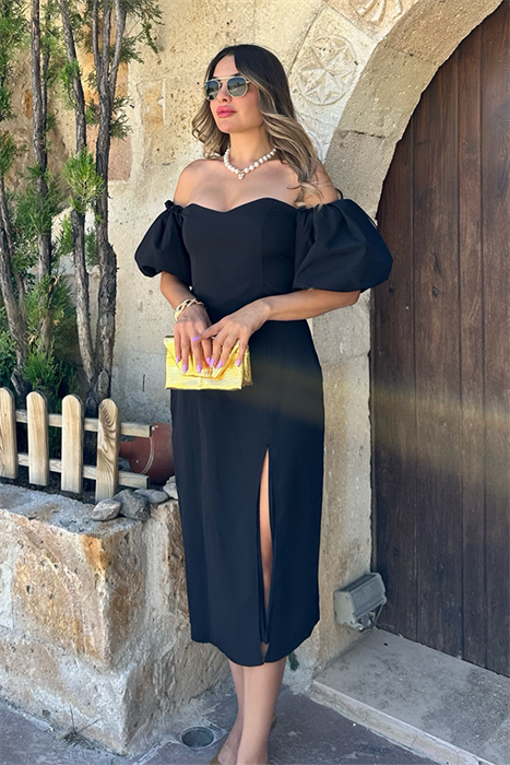Lovely sırt dekolteli midi elbise - Siyah