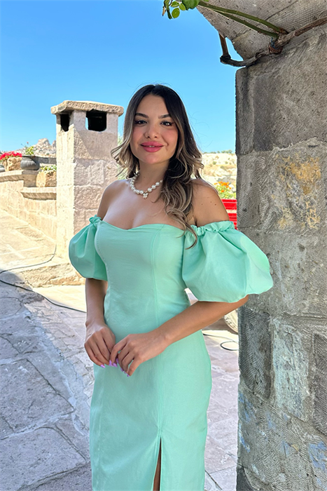 Lovely sırt dekolteli midi elbise - Su yeşili