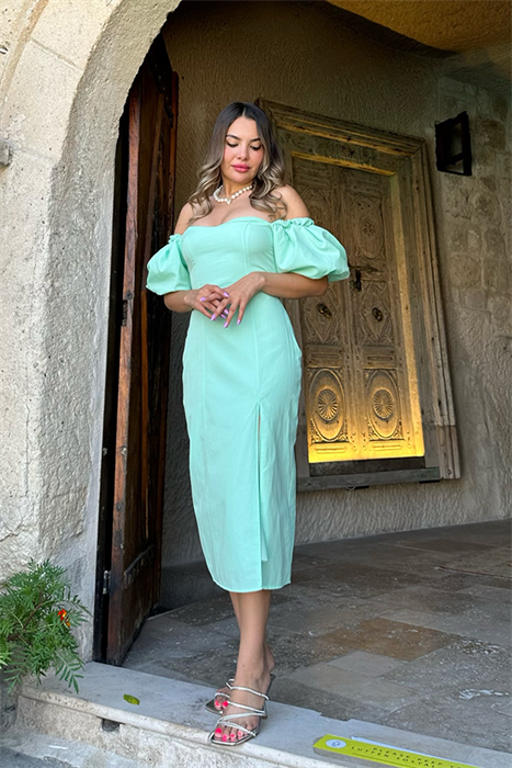 Lovely sırt dekolteli midi elbise - Su yeşili